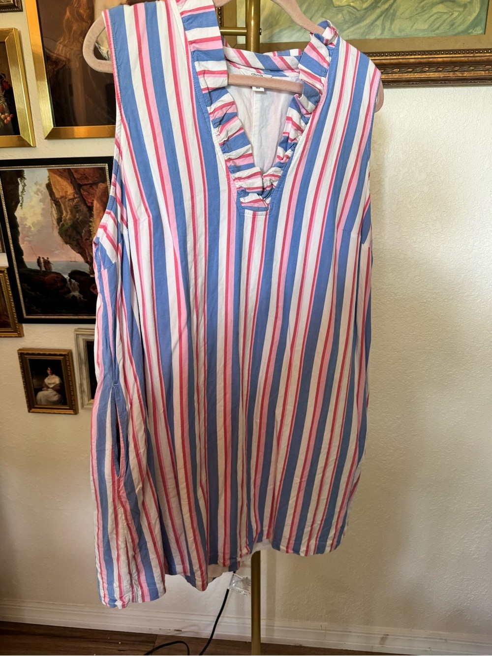 Crown & Ivy Sleeveless Ruffled V-Neck Striped Tunic - Blue, Pink & White 1X